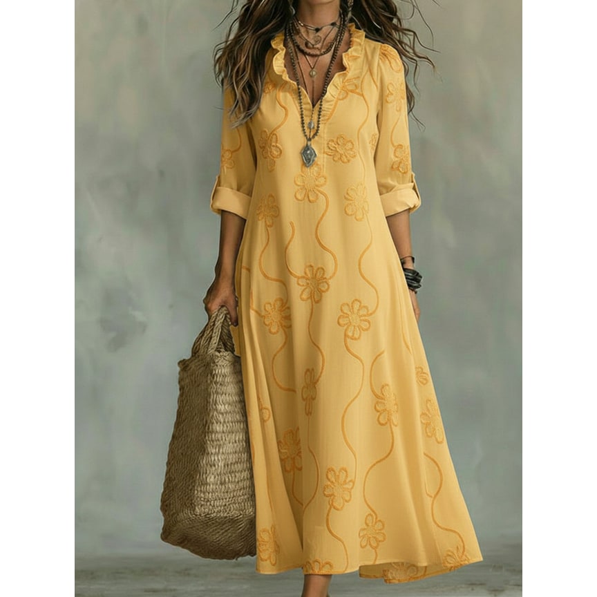 Women's Boho Maxi Dress with Ruffled Collar V-Neckline and Floral Embroidery - Image 5