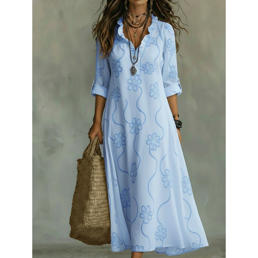 Women's Boho Maxi Dress with Ruffled Collar V-Neckline and Floral Embroidery - Image 6