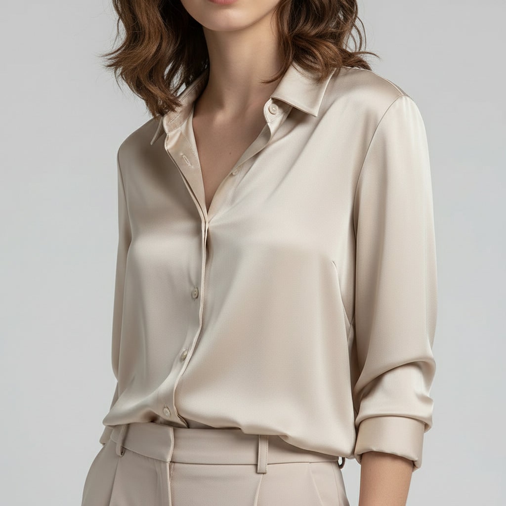 Women's Button Down Satin Blouse with Long Sleeves and Dropped Shoulders - Image 1