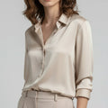 Women's Button Down Satin Blouse with Long Sleeves and Dropped Shoulders - Image 1