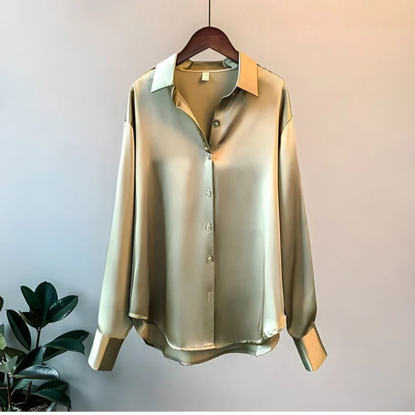 Women's Button Down Satin Blouse with Long Sleeves and Dropped Shoulders - Image 2