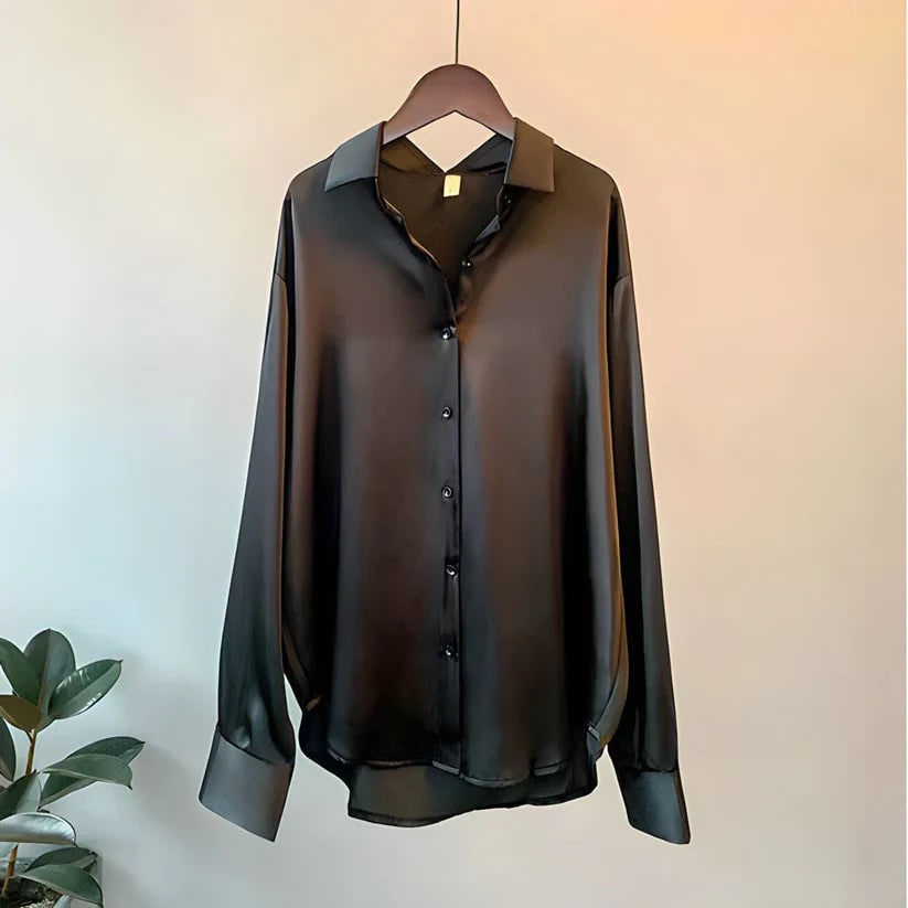Women's Button Down Satin Blouse with Long Sleeves and Dropped Shoulders - Image 3
