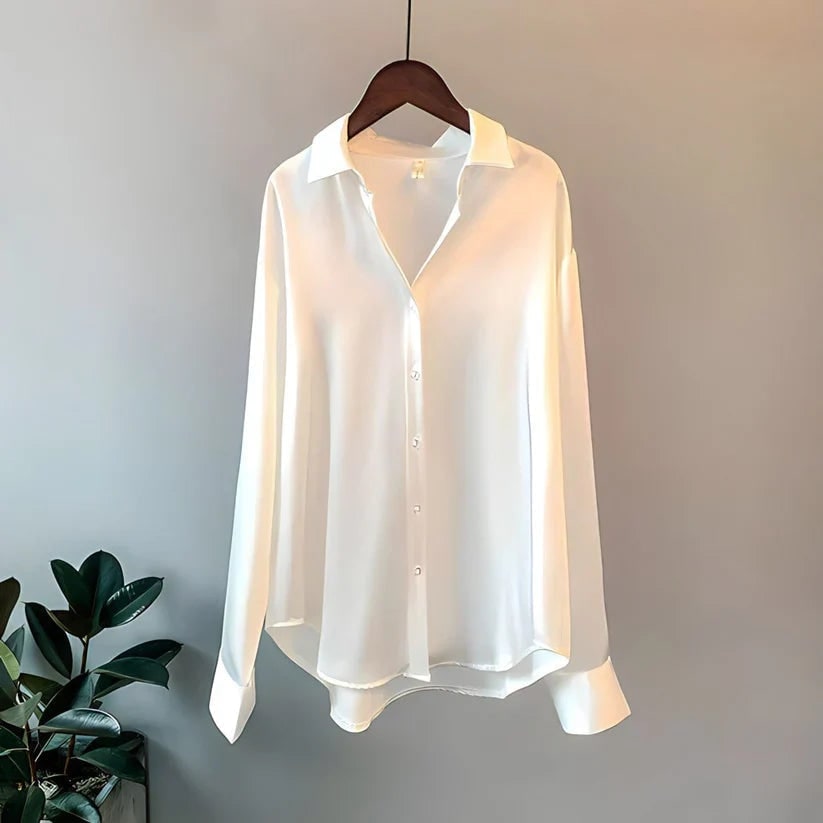 Women's Button Down Satin Blouse with Long Sleeves and Dropped Shoulders - Image 4