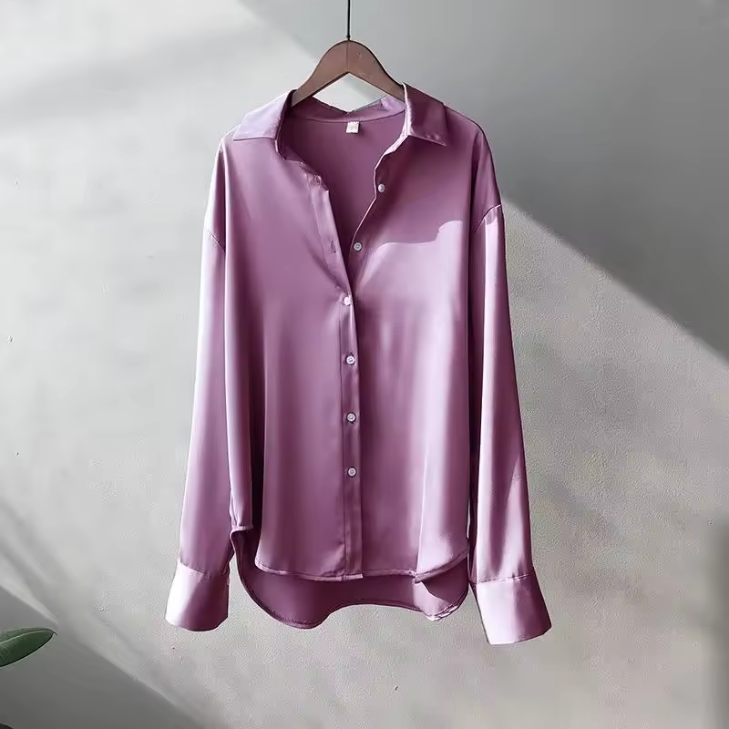 Women's Button Down Satin Blouse with Long Sleeves and Dropped Shoulders - Image 5
