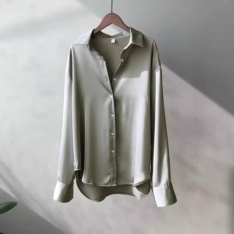 Women's Button Down Satin Blouse with Long Sleeves and Dropped Shoulders - Image 6