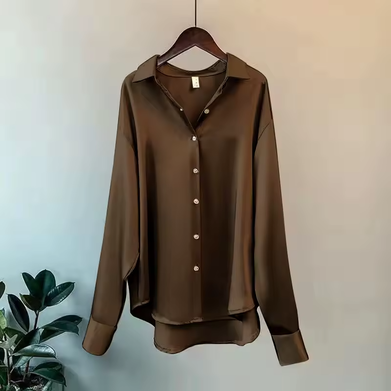 Women's Button Down Satin Blouse with Long Sleeves and Dropped Shoulders - Image 7