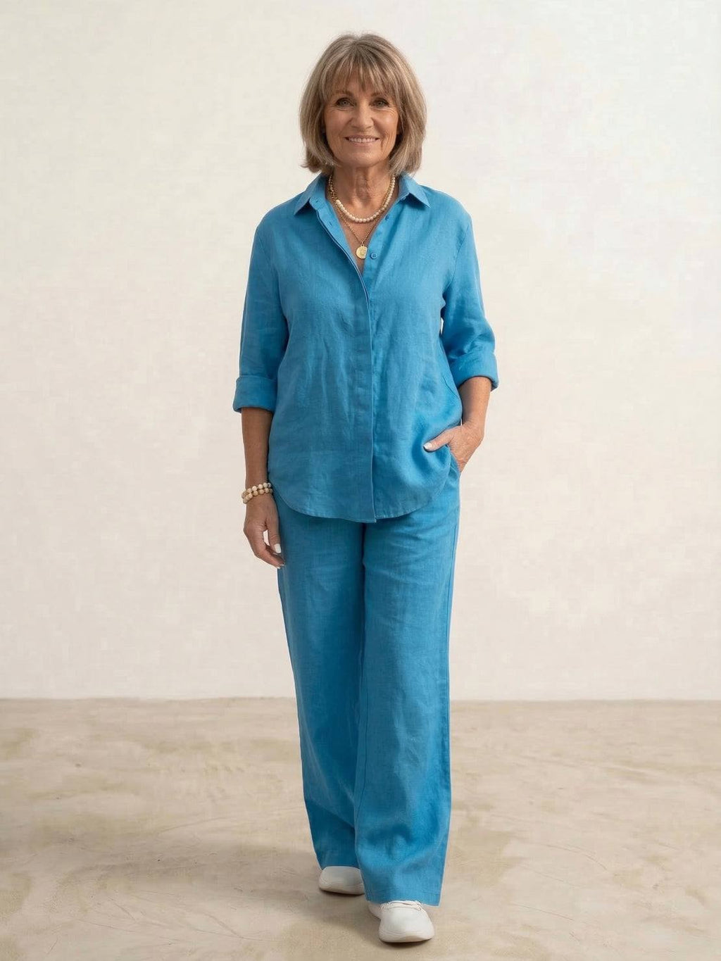Women's Casual Button-Down Shirt and Wide-Leg Pants Two-Piece Set — styling detail