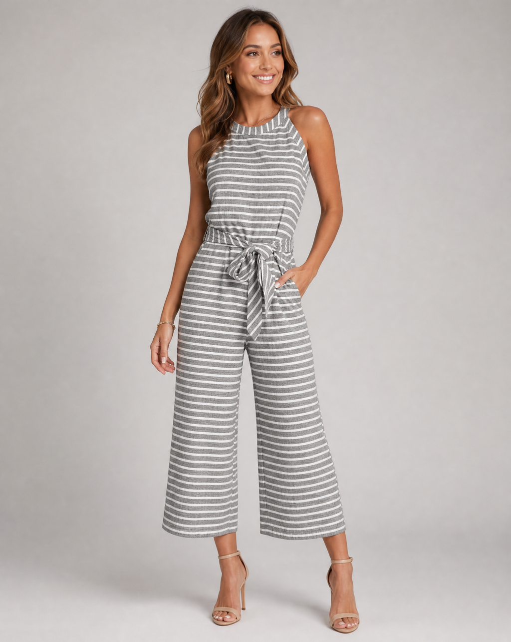 Women's Casual Sleeveless Wide Leg Jumpsuit with Tie Waist — back view