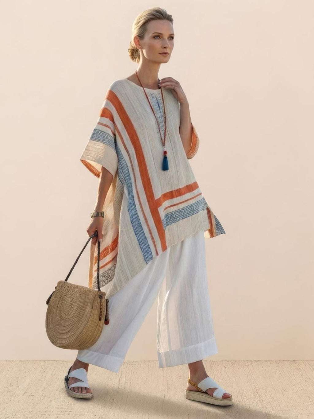 Women's Casual Striped Wide-Leg Pants and Oversized Tee Two-Piece Set — back close-up