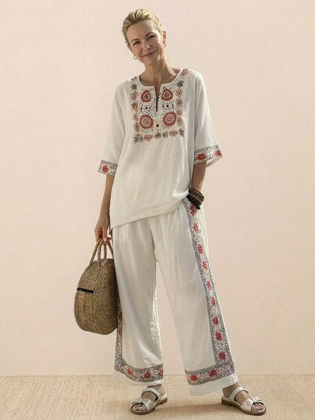Women's Casual Striped Wide-Leg Pants and Oversized Tee Two-Piece Set — back view