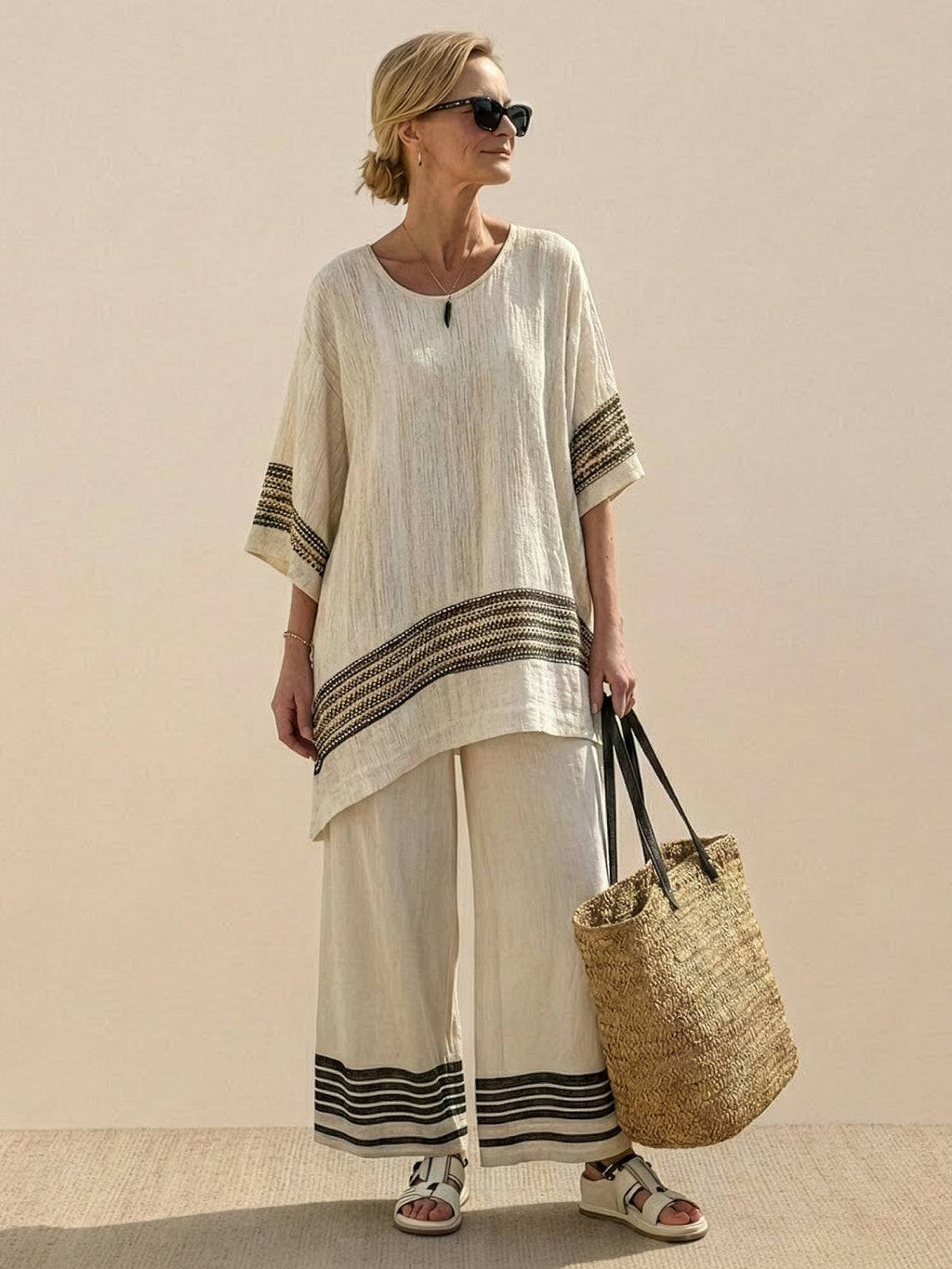 Women's Casual Striped Wide-Leg Pants and Oversized Tee Two-Piece Set — fit overview