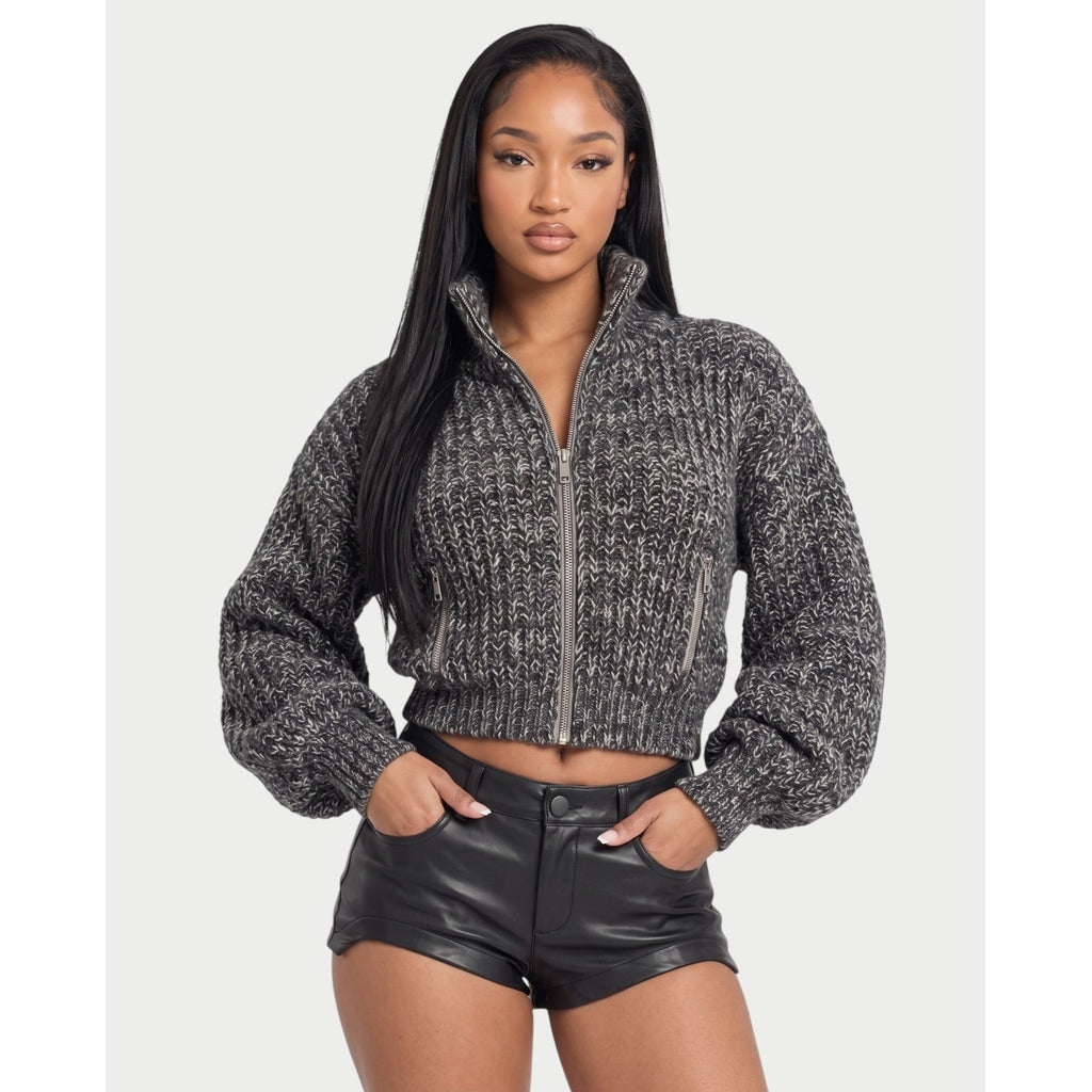 Women's Cropped Chunky Knit Zip-Up Cardigan with High Neck and Balloon Sleeves - Image 1