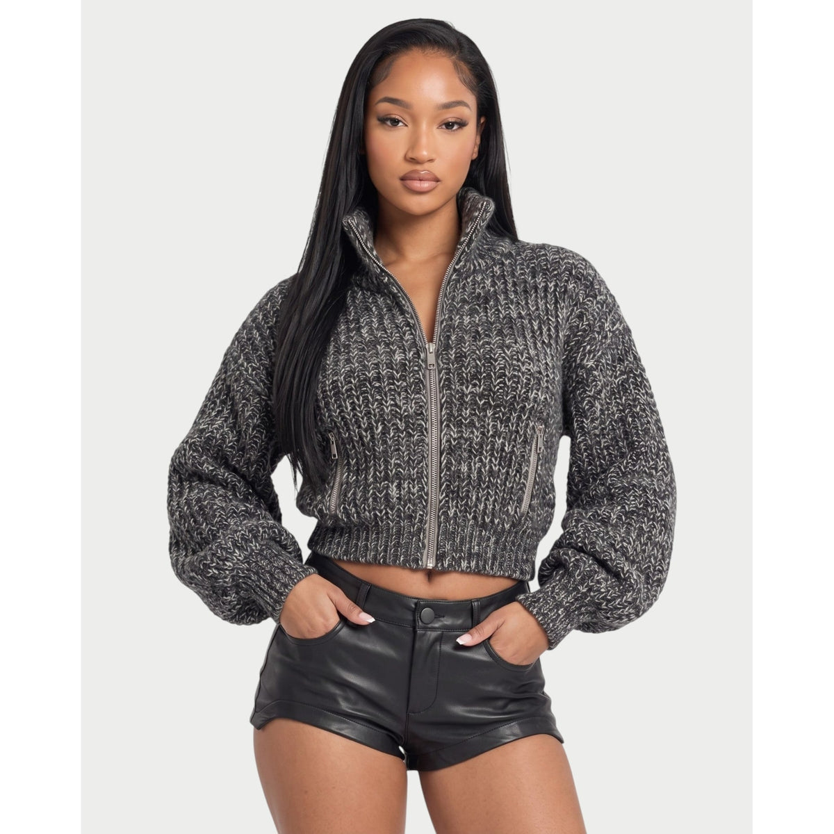Women's Cropped Chunky Knit Zip-Up Cardigan with High Neck and Balloon Sleeves - Image 1