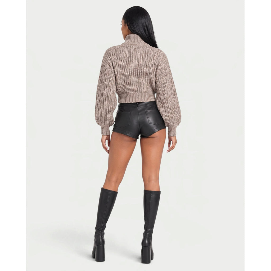 Women's Cropped Chunky Knit Zip-Up Cardigan with High Neck and Balloon Sleeves - Image 10