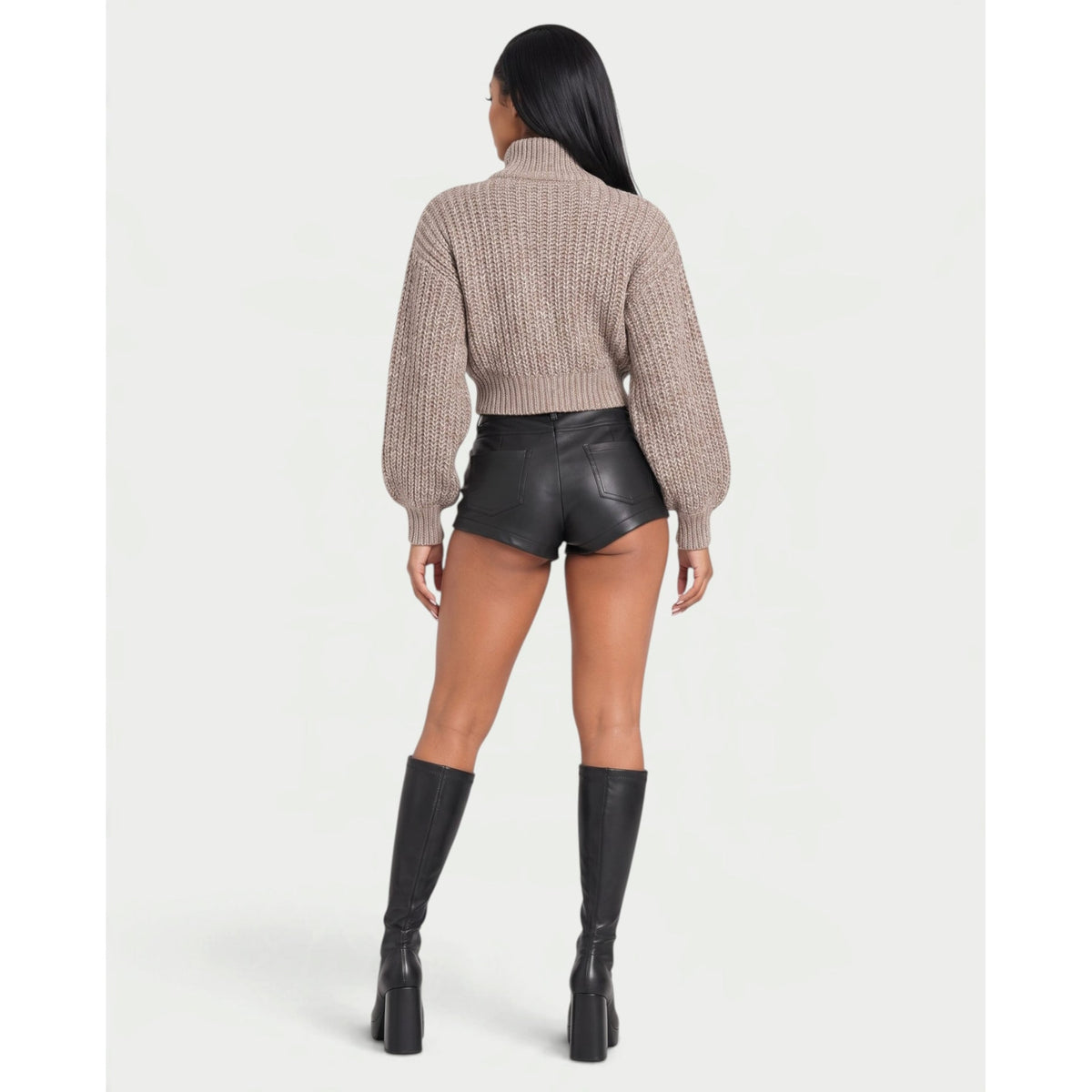 Women's Cropped Chunky Knit Zip-Up Cardigan with High Neck and Balloon Sleeves - Image 10