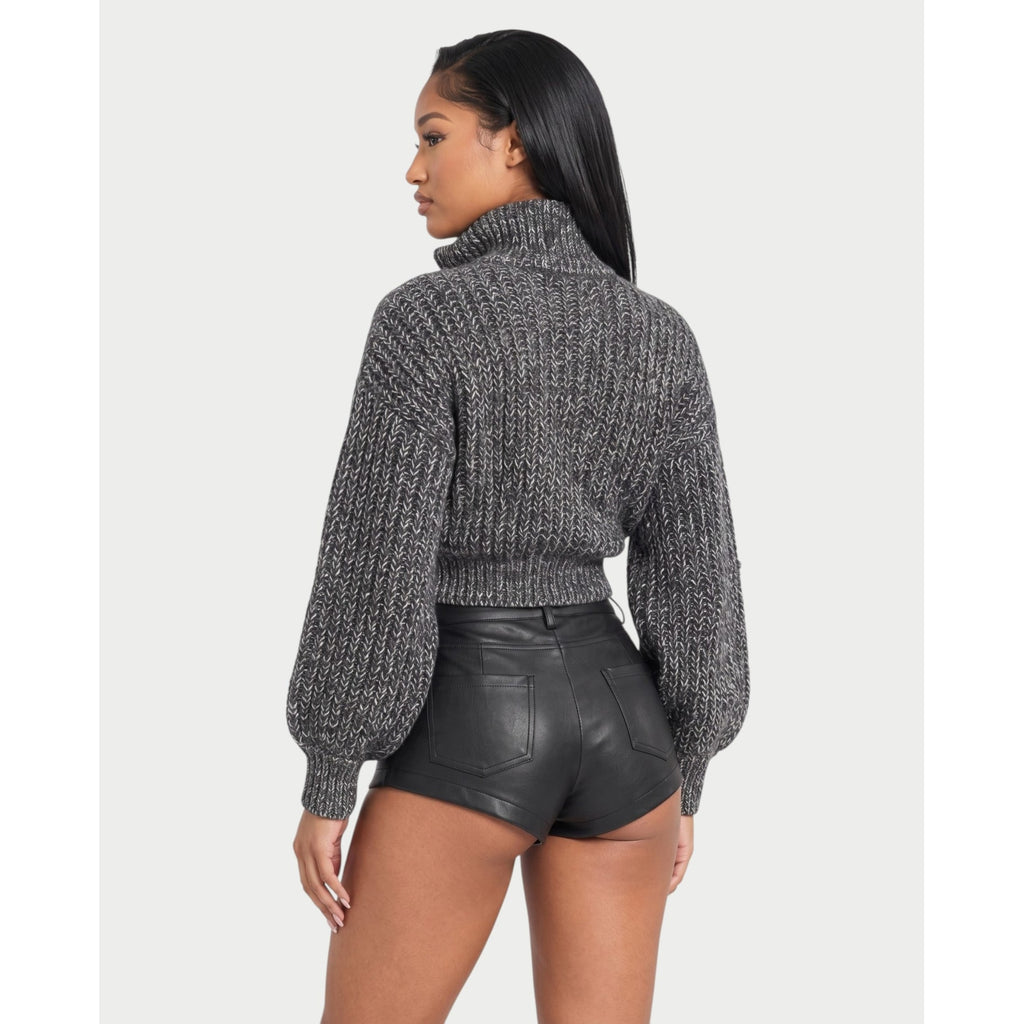 Women's Cropped Chunky Knit Zip-Up Cardigan with High Neck and Balloon Sleeves - Image 2