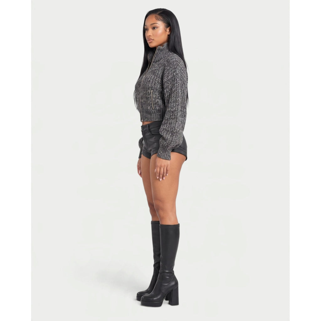 Women's Cropped Chunky Knit Zip-Up Cardigan with High Neck and Balloon Sleeves - Image 3