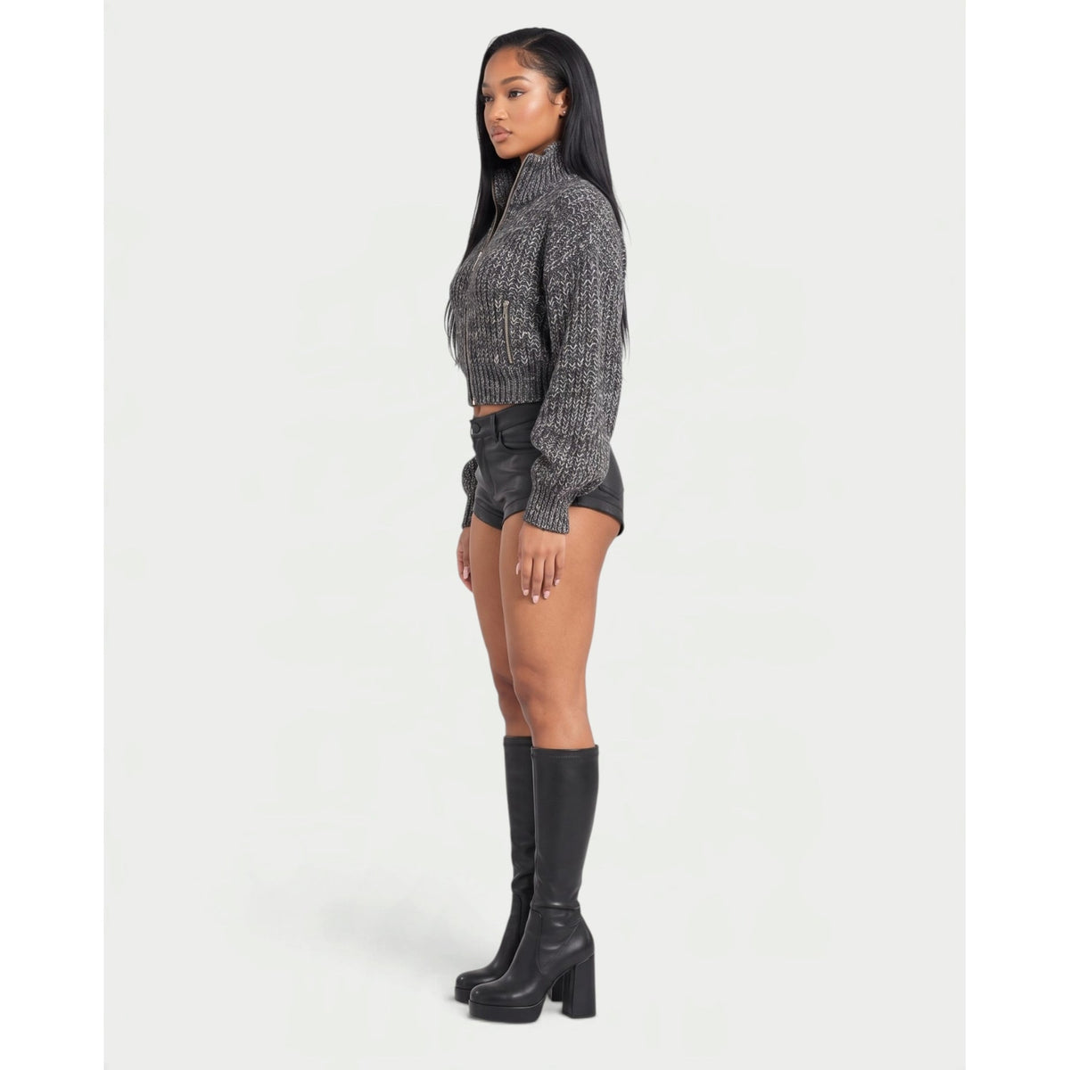 Women's Cropped Chunky Knit Zip-Up Cardigan with High Neck and Balloon Sleeves - Image 3