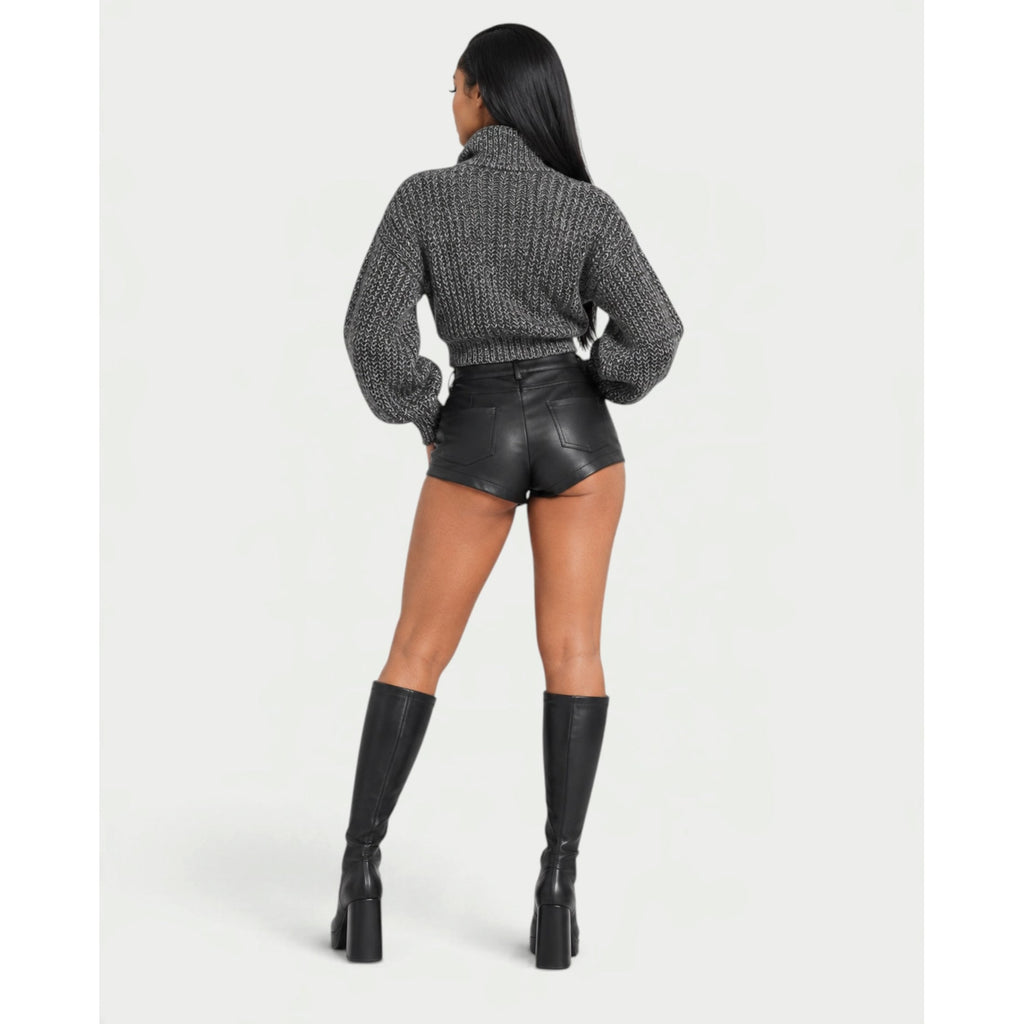 Women's Cropped Chunky Knit Zip-Up Cardigan with High Neck and Balloon Sleeves - Image 5