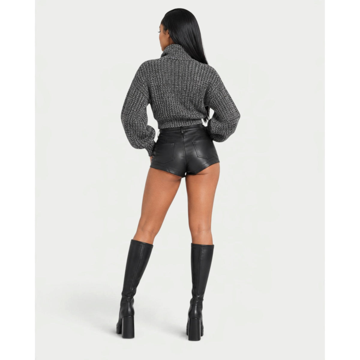 Women's Cropped Chunky Knit Zip-Up Cardigan with High Neck and Balloon Sleeves - Image 5
