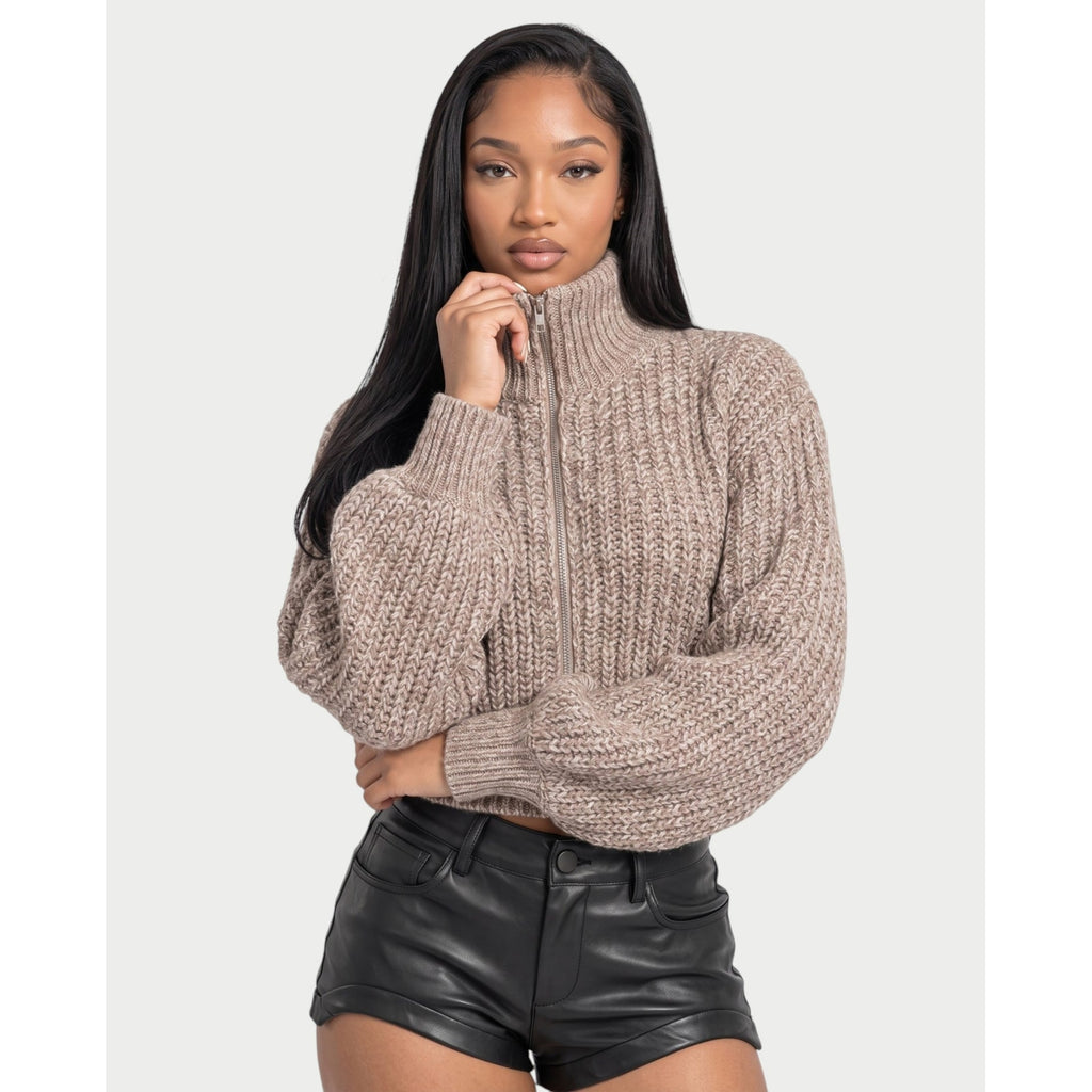 Women's Cropped Chunky Knit Zip-Up Cardigan with High Neck and Balloon Sleeves - Image 6