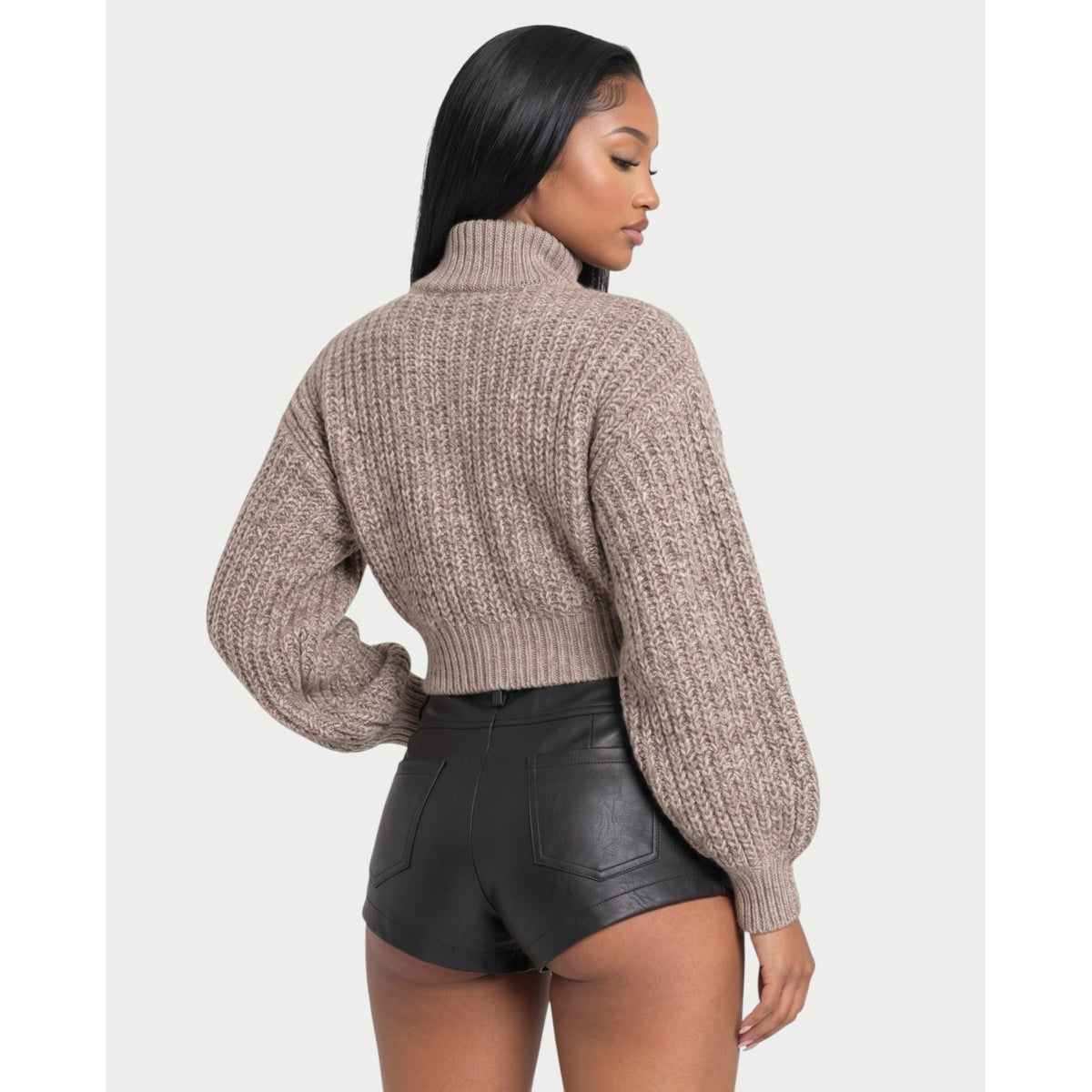 Women's Cropped Chunky Knit Zip-Up Cardigan with High Neck and Balloon Sleeves - Image 7