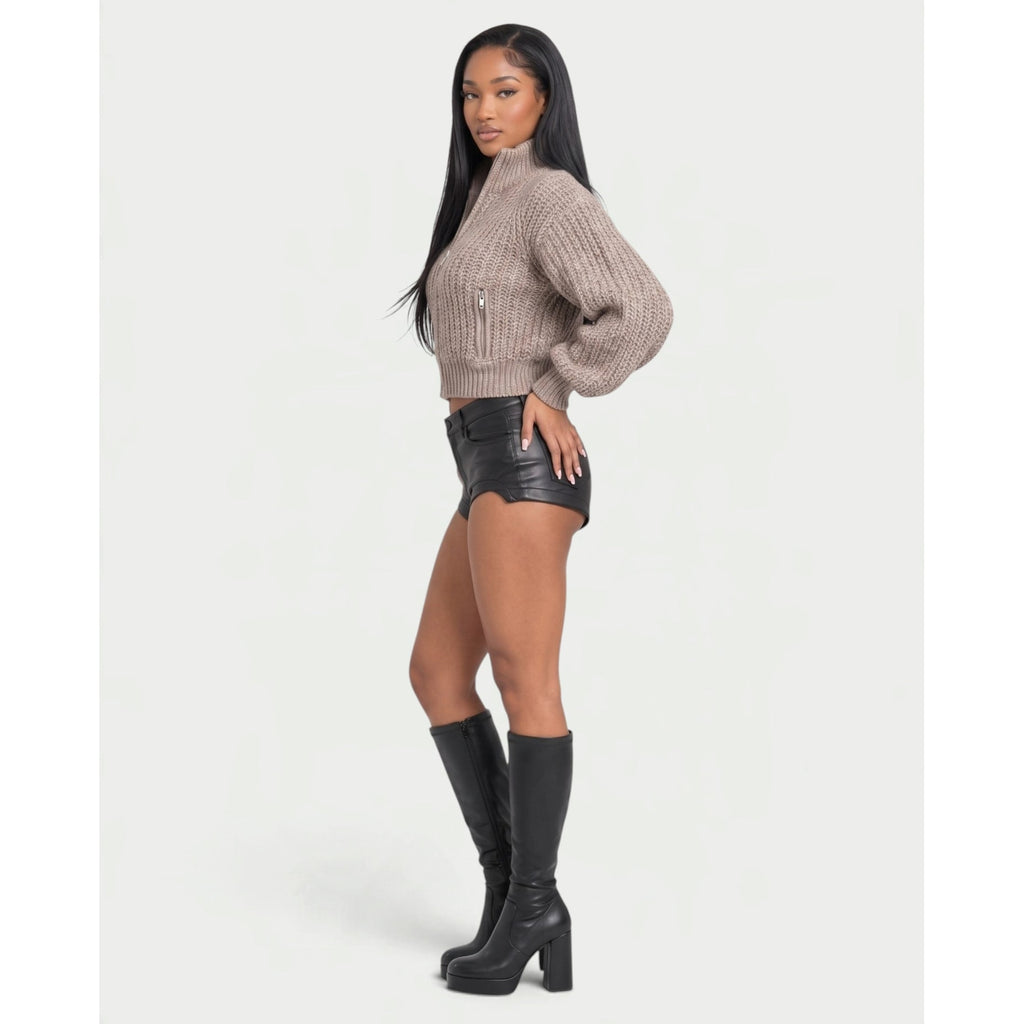 Women's Cropped Chunky Knit Zip-Up Cardigan with High Neck and Balloon Sleeves - Image 8