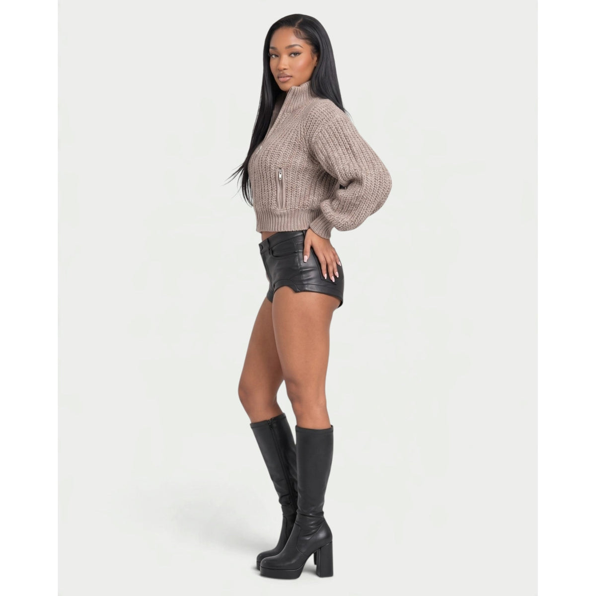 Women's Cropped Chunky Knit Zip-Up Cardigan with High Neck and Balloon Sleeves - Image 8