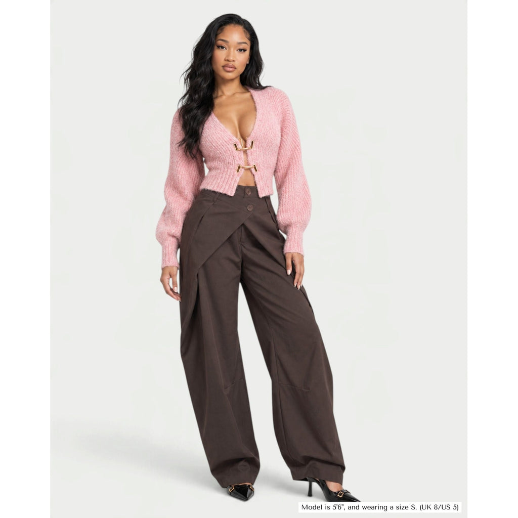 Women's Cropped Fuzzy Knit Cardigan with Gold Clasp V-Neck Long Sleeves - Image 1