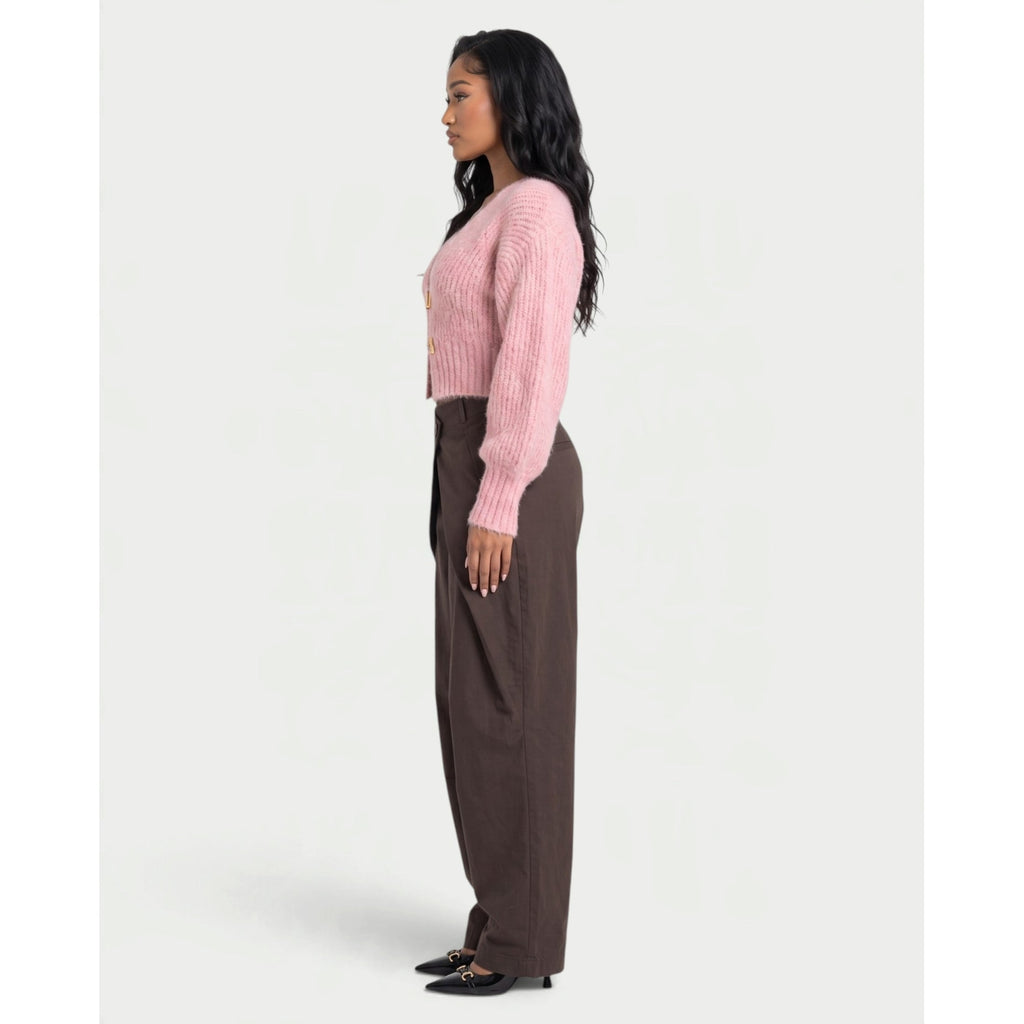 Women's Cropped Fuzzy Knit Cardigan with Gold Clasp V-Neck Long Sleeves - Image 3