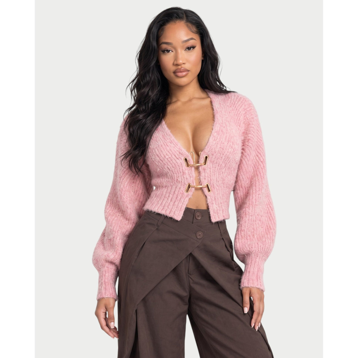 Women's Cropped Fuzzy Knit Cardigan with Gold Clasp V-Neck Long Sleeves - Image 4