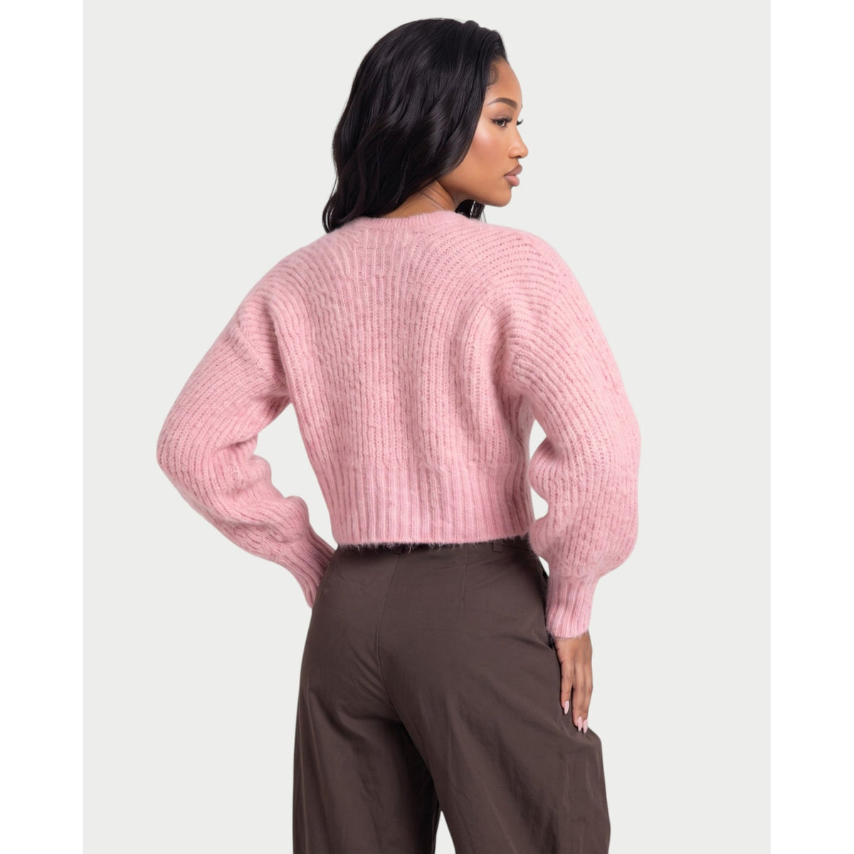 Women's Cropped Fuzzy Knit Cardigan with Gold Clasp V-Neck Long Sleeves - Image 5