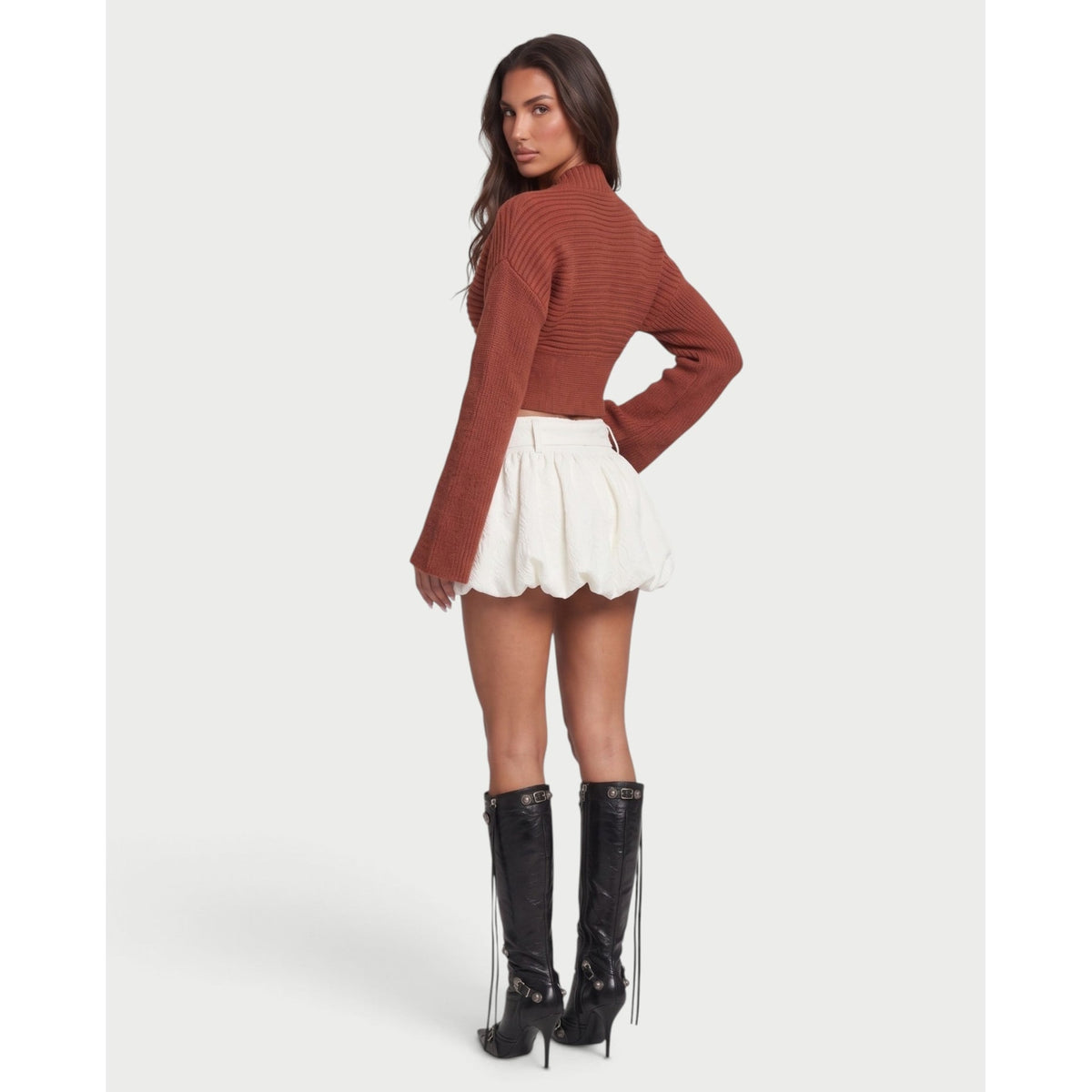Women's Cropped V-Neck Knit Cardigan with Asymmetric Hem and Bell Sleeves - Image 10