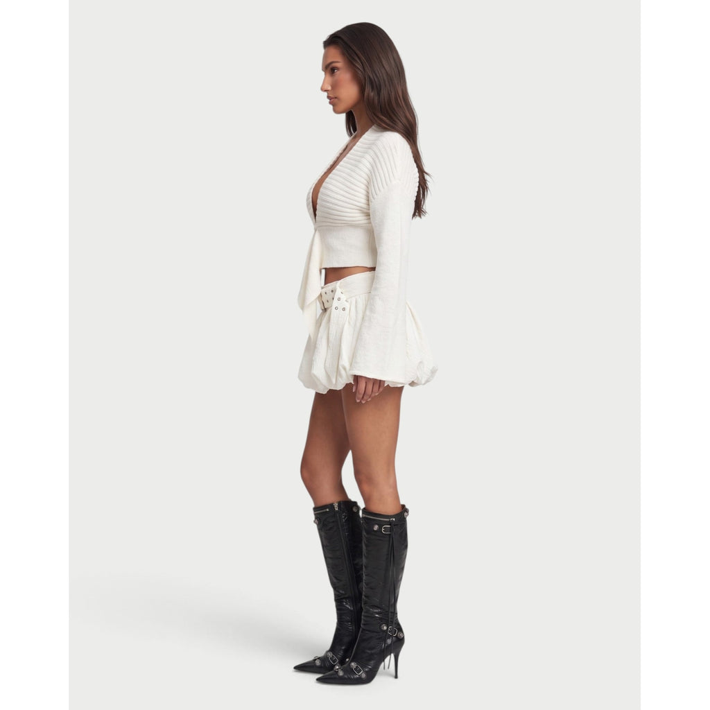 Women's Cropped V-Neck Knit Cardigan with Asymmetric Hem and Bell Sleeves - Image 3