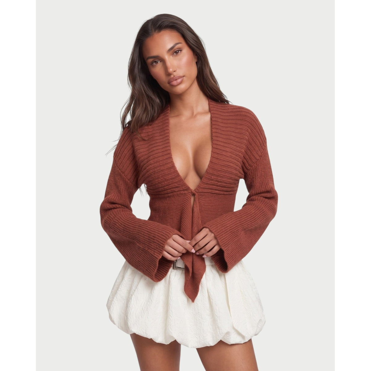 Women's Cropped V-Neck Knit Cardigan with Asymmetric Hem and Bell Sleeves - Image 6