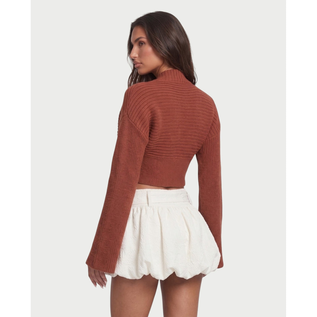 Women's Cropped V-Neck Knit Cardigan with Asymmetric Hem and Bell Sleeves - Image 7