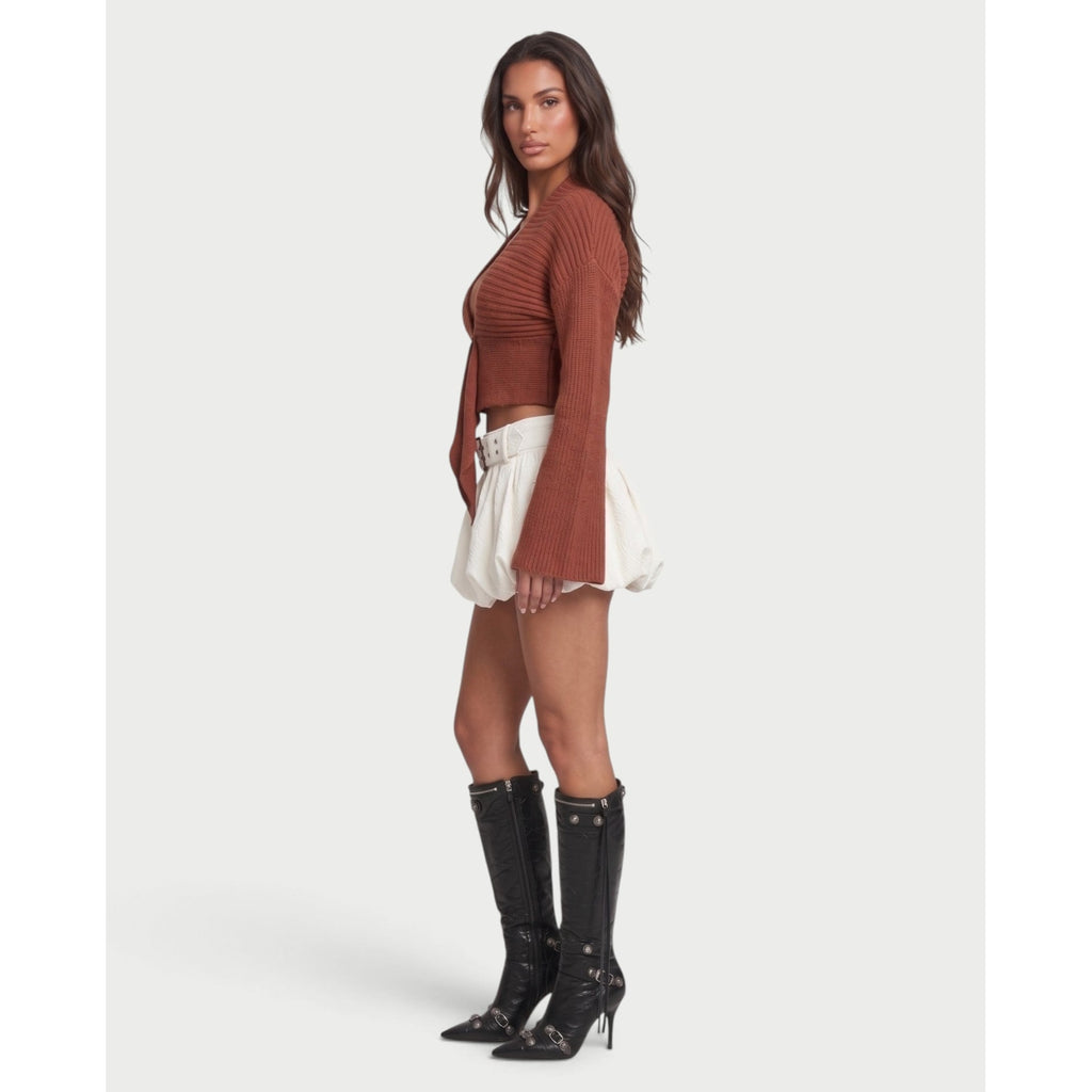 Women's Cropped V-Neck Knit Cardigan with Asymmetric Hem and Bell Sleeves - Image 8
