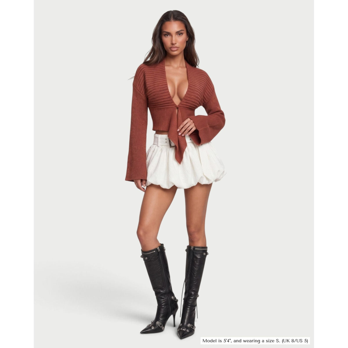 Women's Cropped V-Neck Knit Cardigan with Asymmetric Hem and Bell Sleeves - Image 9