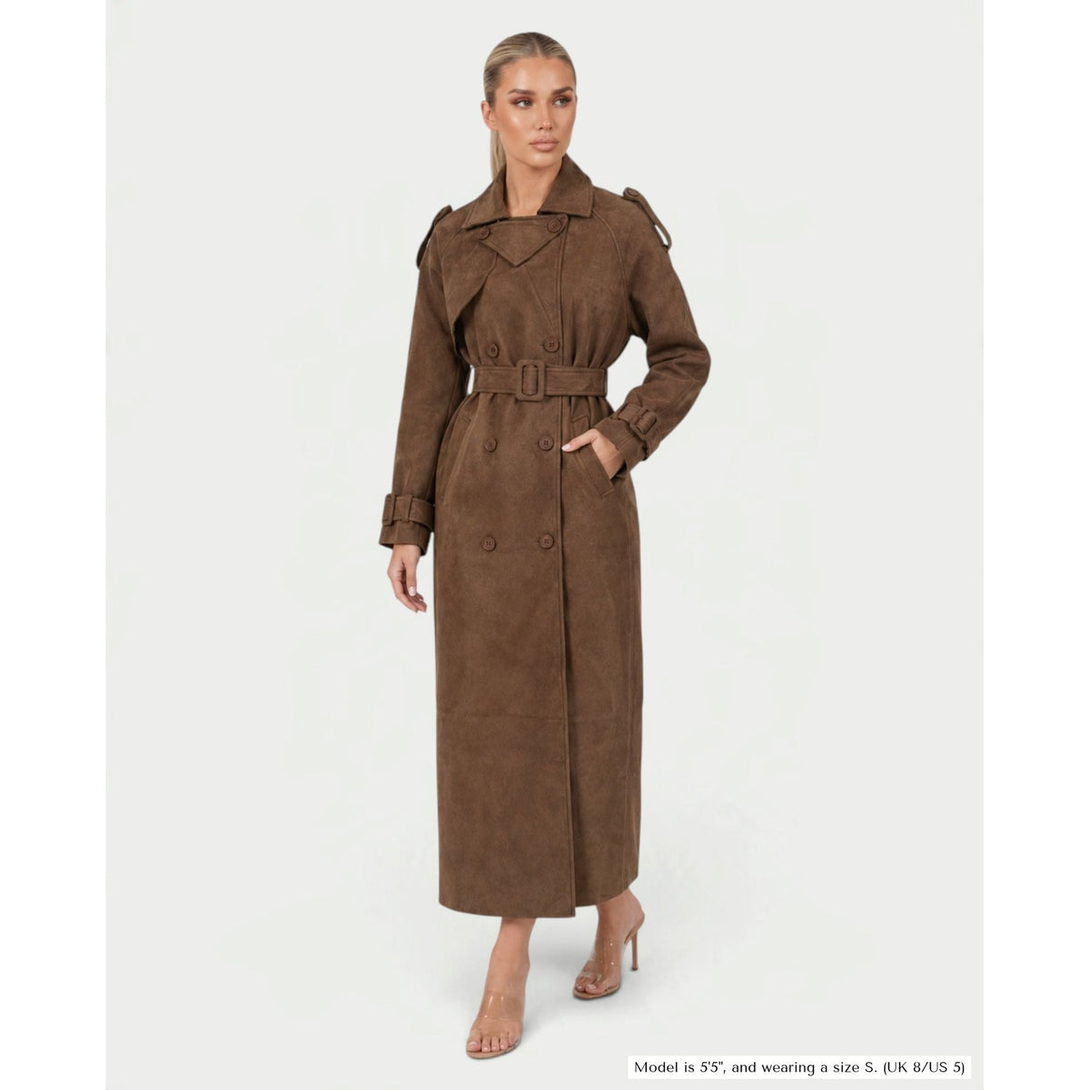 Women's Double Breasted Faux Suede Maxi Trench Coat with Belt - Image 1