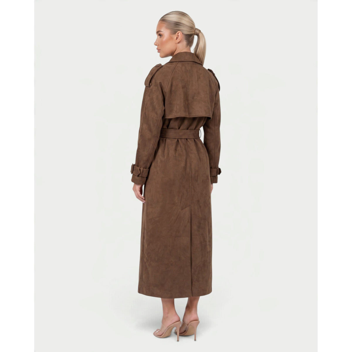 Women's Double Breasted Faux Suede Maxi Trench Coat with Belt - Image 2