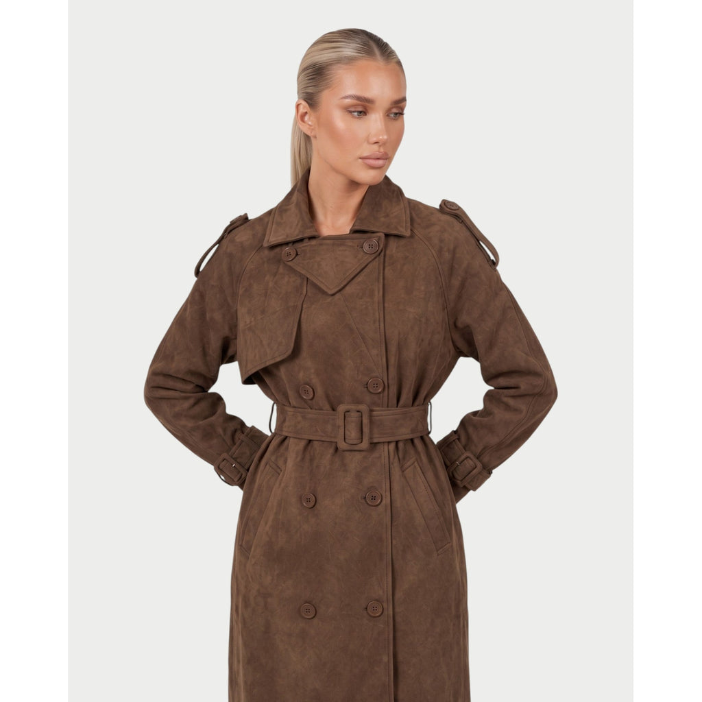 Women's Double Breasted Faux Suede Maxi Trench Coat with Belt - Image 4