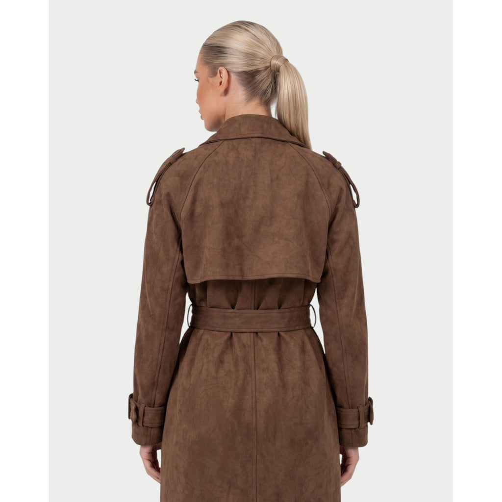 Women's Double Breasted Faux Suede Maxi Trench Coat with Belt - Image 5