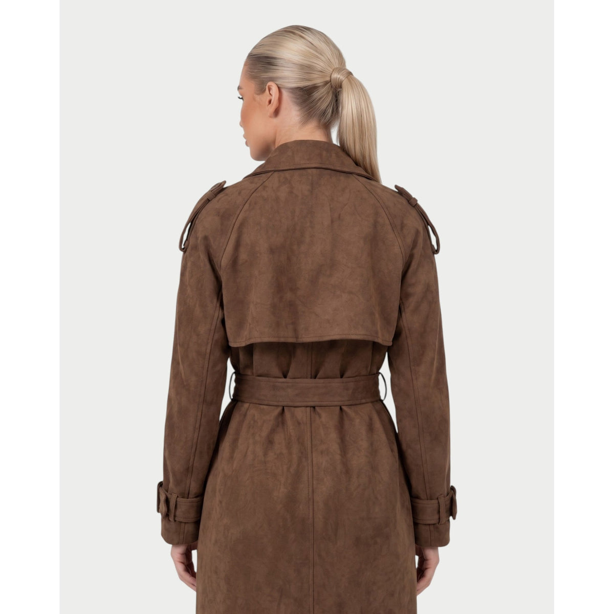 Women's Double Breasted Faux Suede Maxi Trench Coat with Belt - Image 5