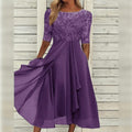 Women's Fall Wedding Guest Lace Midi Dress with Chiffon A-Line and Draped Sleeves - Image 1
