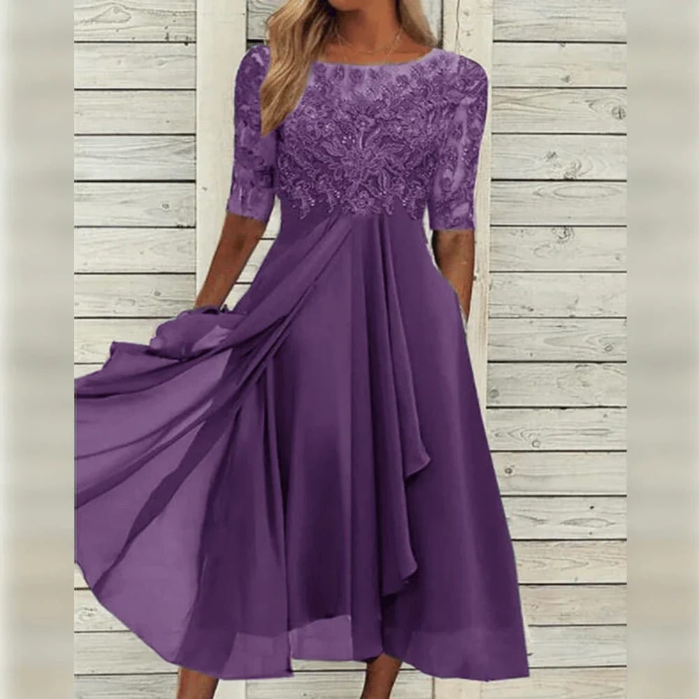Women's Fall Wedding Guest Lace Midi Dress with Chiffon A-Line and Draped Sleeves - Image 1