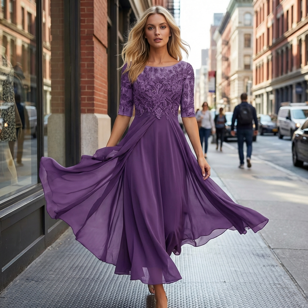 Women's Fall Wedding Guest Lace Midi Dress with Chiffon A-Line and Draped Sleeves - Image 2