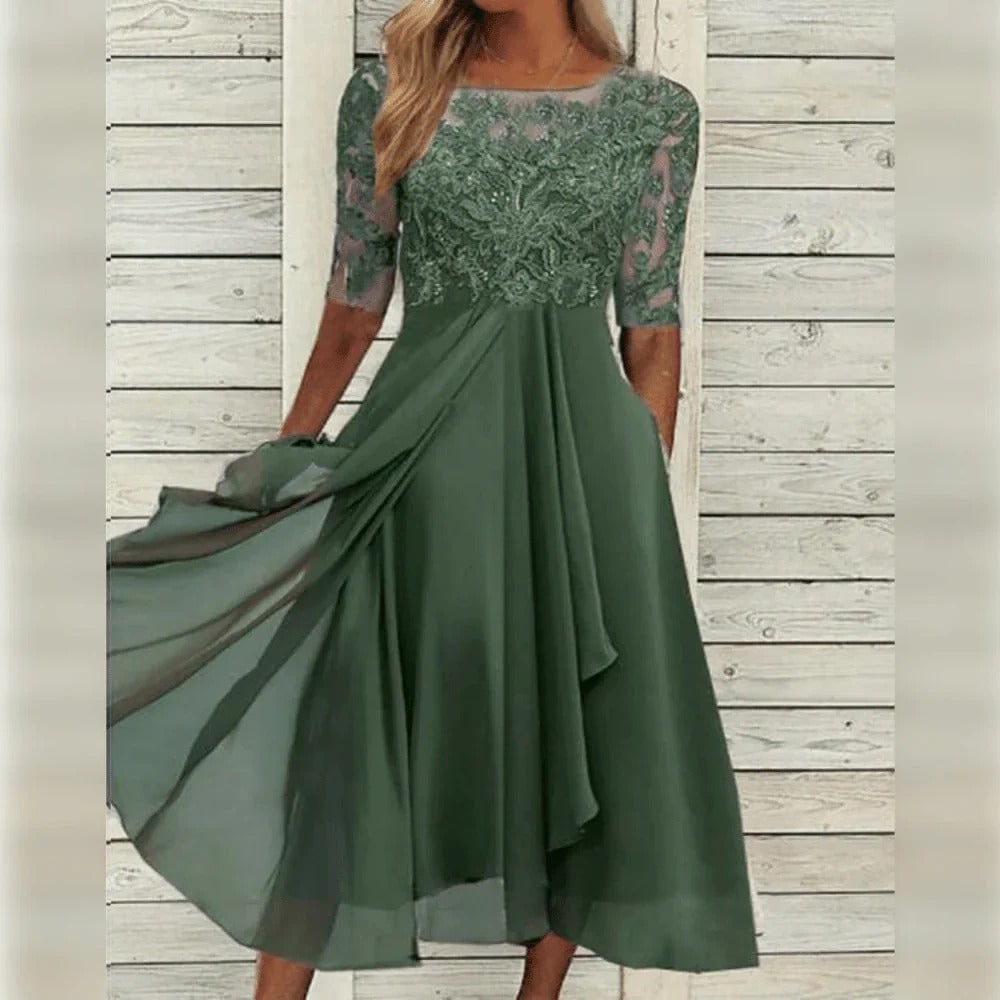 Women's Fall Wedding Guest Lace Midi Dress with Chiffon A-Line and Draped Sleeves - Image 3
