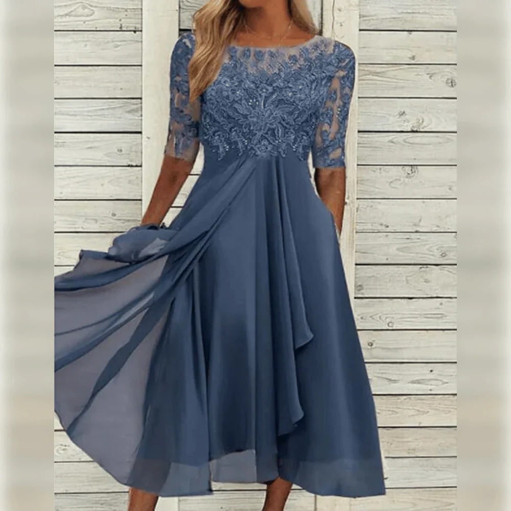 Women's Fall Wedding Guest Lace Midi Dress with Chiffon A-Line and Draped Sleeves - Image 4