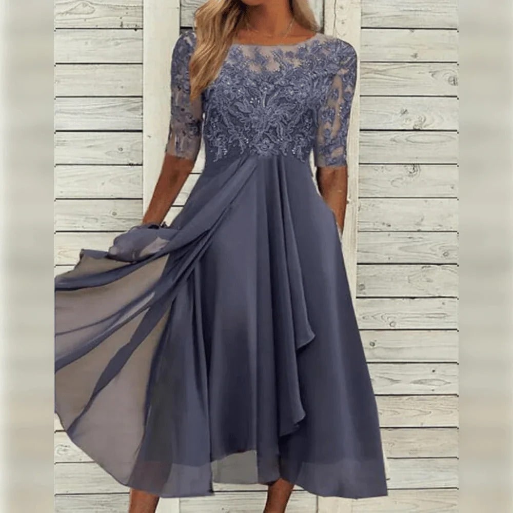 Women's Fall Wedding Guest Lace Midi Dress with Chiffon A-Line and Draped Sleeves - Image 5
