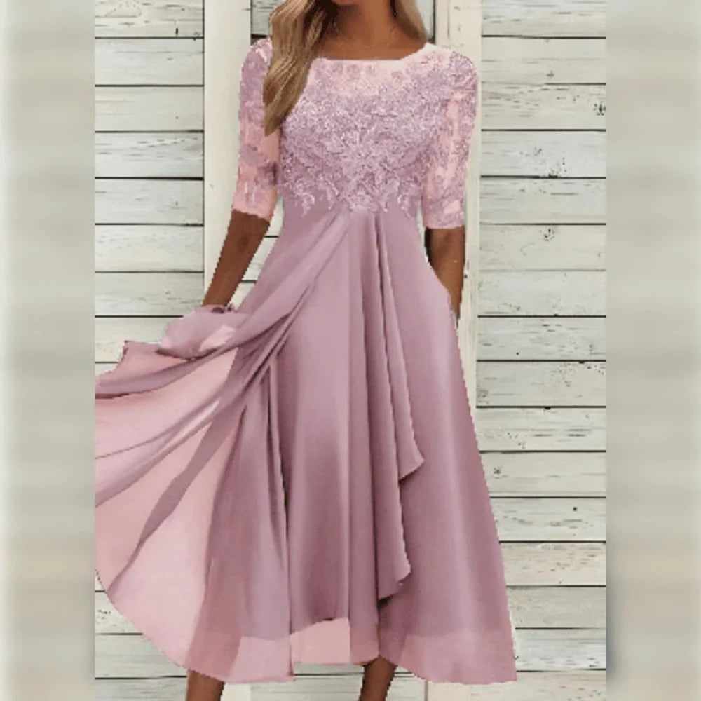 Women's Fall Wedding Guest Lace Midi Dress with Chiffon A-Line and Draped Sleeves - Image 6